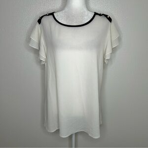 New Perch By Blu Pepper Womens Ivory & Black Trim Top Flutter Sleeve Size 1XL